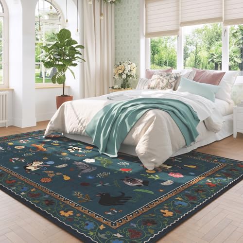 Area Rugs 8x10 Rug for Living Room Clearance Washable Boho Area Rug Non Slip Floral Animal Cat Vintage Low Pile Large Rug for Bedroom Farmhouse Dining Room Kids Playroom, Pearl Gentian Blue