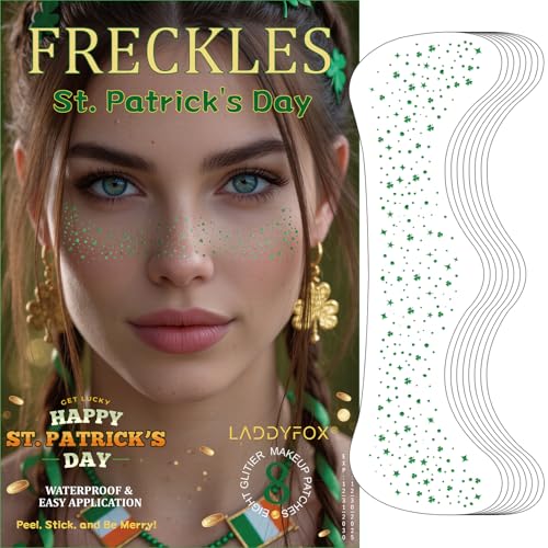 8 Pcs Green Face Makeup Patches St. Patricks Day Glitter Freckles Face Tattoo Glitter Freckles Sparkle Makeup Patches Waterproof Face Glitter Freckles Patches for Women