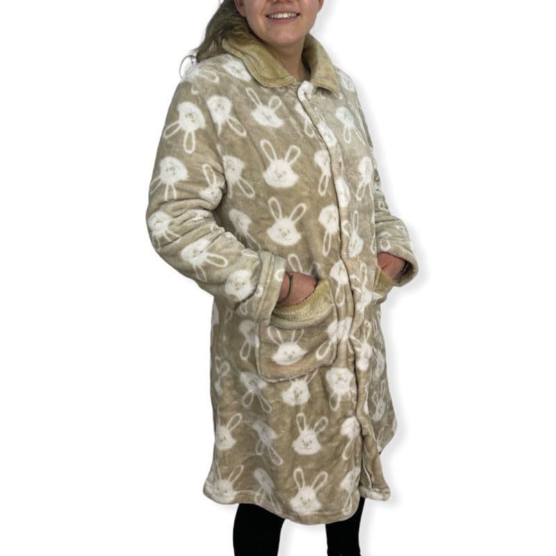 Rufino Díaz Bata Mujer Invierno Coralina Conejitos (Beige - L) - Tacto super suave y calentito - Para estar en casa durante la temporada de otoño/invierno