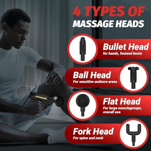 Image of Massage Gun | Massage Machine for Body Pain | 4 Adjustable Heads for Deep Tissue, Muscle Relief for Back, Shoulder & Foot (Black)