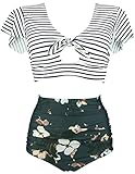 COCOSHIP White Striped & Bloom Floral High Waisted Ruching Bikini Set Tie Front Short Sleeve Top Ruffle Straps Bathing Swimwear 12