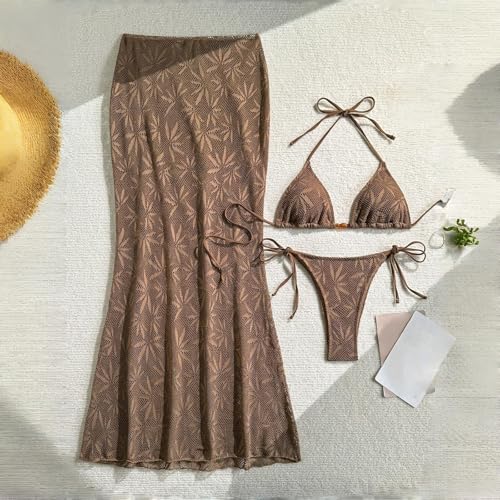 Conjunto de bikini triangular con falda de punto abierto suave 3