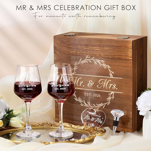 Image of Wedding Gifts for Couples 2026 Mr and Mrs Engraved Wine Glasses Engagement Gift for Newlywed Bachelorette Bridal Shower Gifts for Bride and Groom Present for Bride To Be His and Hers