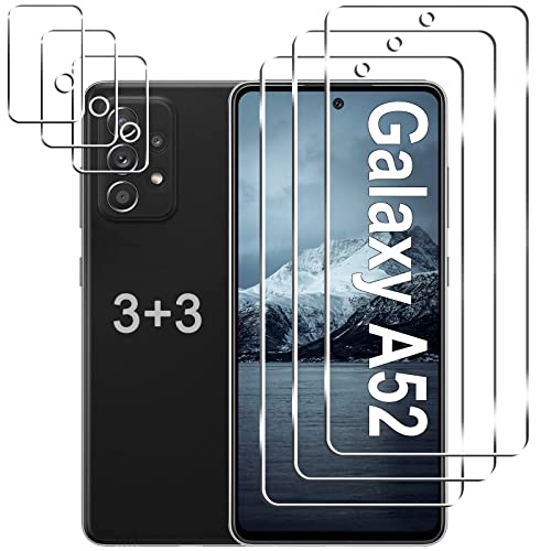 [3+3 Pack] Galaxy A52 5G Screen Protector + Camera Lens Protector 9H Tempered Glass Film Scratch Resistan Easy Installation Bubble Free HD Screen Protector for Samsung Galaxy A52 5G/4G/A52s 5G