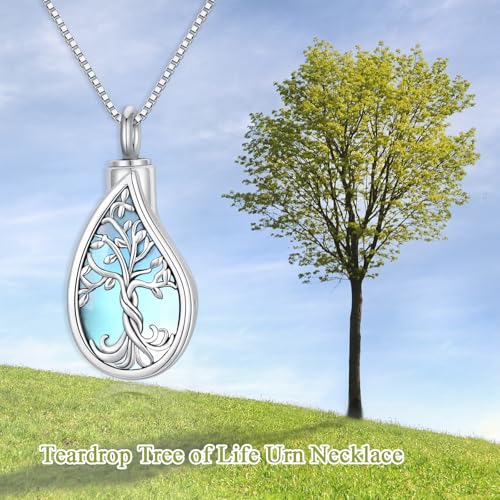 TOUPOP Teardrop Tree of Life Urn Necklace for Ashes 925 Sterling Silver Gemstone Tree of Life Cremation Jewelry with Funnel Filler Memorial Jewelry Gifts for Women Men4