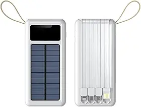 Carregador Portátil Solar 20000mAh Power Bank 5 em 1 Bateria Externa Universal com Lanterna LED e Cabos Integrados (Branco)
