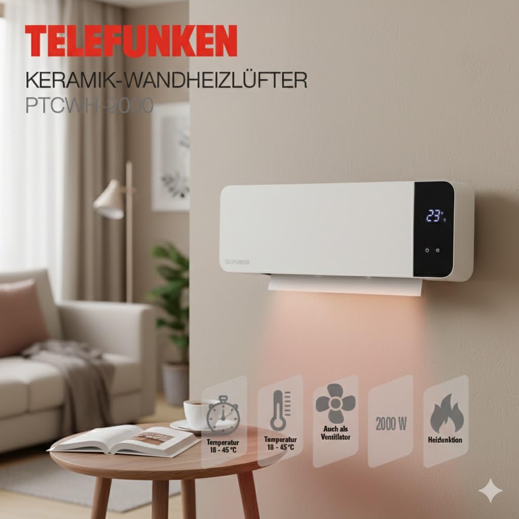 Telefunken Keramik Wandheizlüfter PTCWH-2000W LED-Display Thermostat Fernbedienung Timer Oszillation Überhitzungsschutz 18-45°C