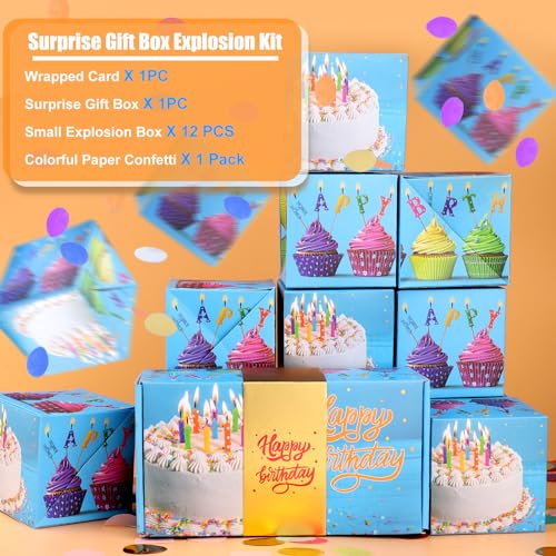BABORUI Birthday Surprise Box Gift Box for Money, Happy Birthday Surprise Gift Box Explosion with Confetti, Seeroze Exploding Gift Box for Men Women Kids(Blue)