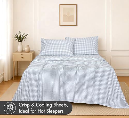 Image of RUVANTI 100% Cotton Percale Sheets Full Size, Houndstooth | Crisp Cooling, Deep Pocket 16 inch, Soft Breathable & Durable, Hotel-Style 4 Piece Set, For Hot Sleepers