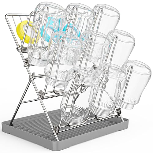 Solvrix Vertical Baby Bottle Drying Rack 9 Hooks Vertical Rack Dryer with Drainage Tray for Water Bottles Drinking Glasses Mugs Cups Foldable Stainless Steel