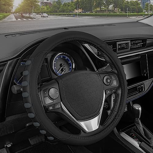 Image of Motor Trend FlexGrip Steering Wheel Cover for Cars - Standard 15 inch Car Steering Wheel Cover, Black and Charcoal Gray Steering Wheel Protector for Auto Truck Van SUV