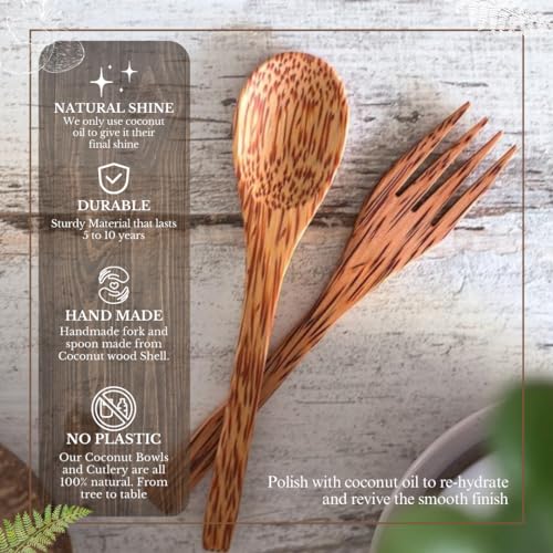 Image of Thenga Coconut Wood Spoon & Fork Set | 100% Natural & Handmade Wooden Cutlery | Eco-Friendly, Durable & Sustainable Dining Utensils for Meals, Salads, Soups & Desserts | Pack of 4 (2 Spoons + 2 Forks)