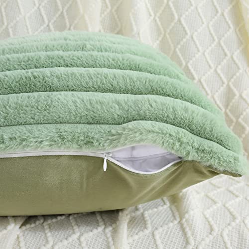 FUTEI Sage Green Striped Decorative Throw Pillow Covers 14x14 Inch Set of 2,Square Fall Decorations Couch Pillow Case,Soft Cozy Faux Rabbit Fur & Velvet Back,Modern Home Decor for Bed