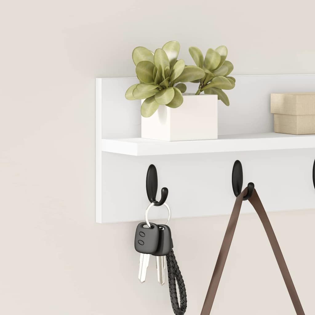 Porte-manteau mural en bois - Blanc - 40 x 10,5 x 18 cm - Avec étagère et 5 crochets métalliques - Design moderne - Construction robuste - Pour couloir, chambre à coucher