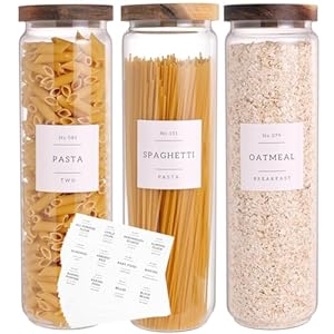 3 Set Glass Pantry Storage Jars with Acacia Airtight Lid – 50oz Thicken Glass Kitchen Canisters with 132 Pantry Labels – Tall Food Storage Containers with Wood Lid for Pasta,Spaghetti,Cereal