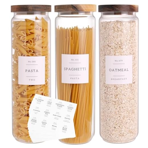 3 Set Glass Pantry Storage Jars with Acacia Airtight Lid - 50oz Thicken Glass Kitchen Canisters with 132 Pantry Labels - Tall Food Storage Containers with Wood Lid for Pasta,Spaghetti,Cereal