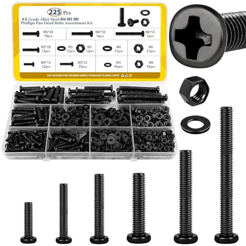 Eisbiek 225pcs Screws and Nuts Assortment Kit,M4 M5 M6 Phillips Pan Head Assorted Nuts and Bolts,Washers Kit for Headboard, Wall Plate Switch, Receptacles Mounting Screws Black(Black 225PCS M4 M5 M6)