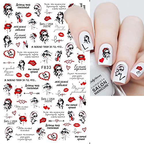 Heart Nail Art Stickers 3D Self-Adhesive Nail Decals Valentine Love Hearts Sexy Lips English Letter Rose Flower Nail Art Design For Romantic Valentine's Nail Decorations Supplies 6 Sheets #TOP3