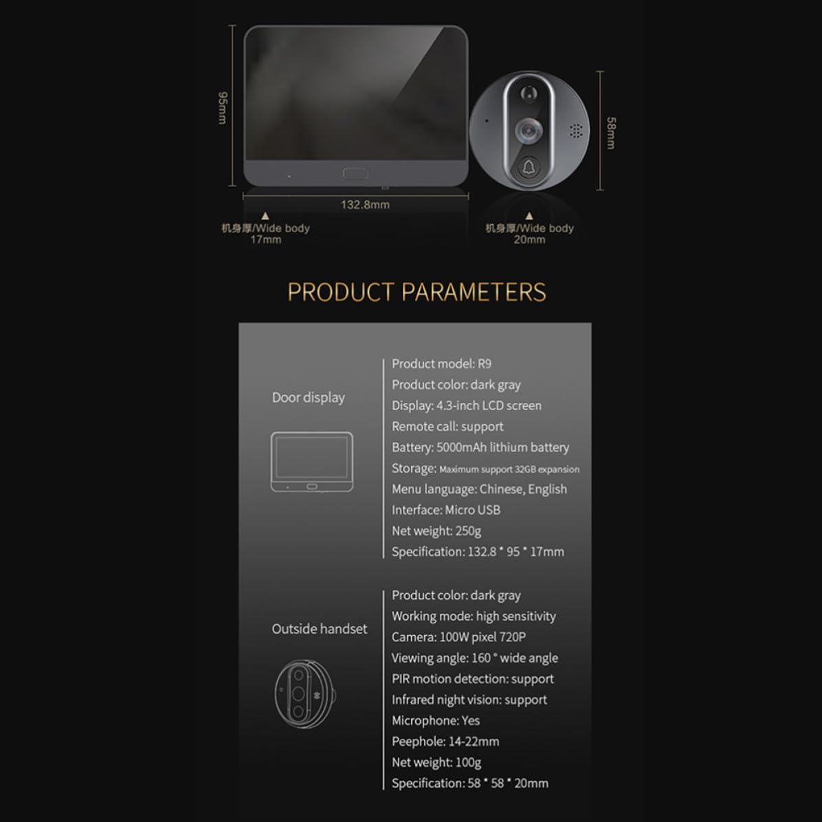 Hemobllo Sonnette Visuelle WiFi 720p R9 avec Alarme à Distance pour Maison | Vision Vidéo à Distance, Large Champ Visuel, Système de Sécurité Domestique, Métal, 32g 5000ma
