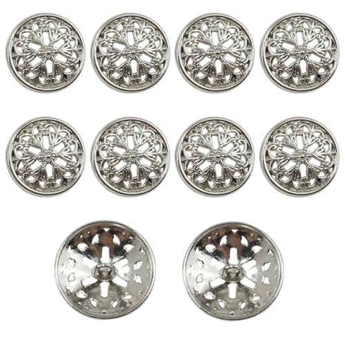 10PCS Silver Buttons for Sewing, Vintage Metal Button, Fashion Hollow Flower Design, Round Clothes Buttons for Cardigans Jackets Coats and DIY Crafting, Antique Style Button 25mm