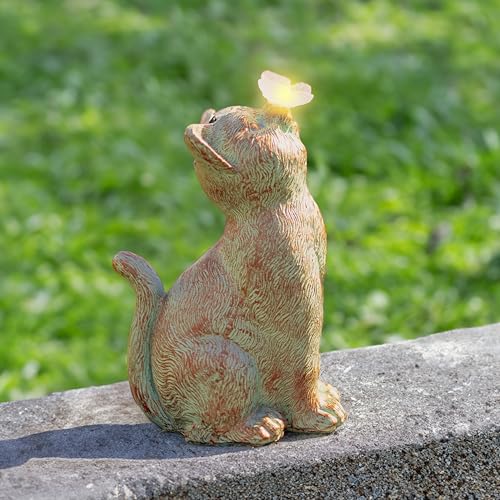 Garden Mile Resin Cat Statue Garden Ornaments Outdoor with Solar Butterfly Durable Kitten Kitty...