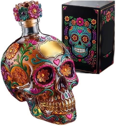 Decantador de calavera gótica 2026, edición limitada decorativa muerta, pintura de vidrio pintado, botellas de licor, decantador vacío para whisky, creativo con diseño floral para fiesta de Halloween