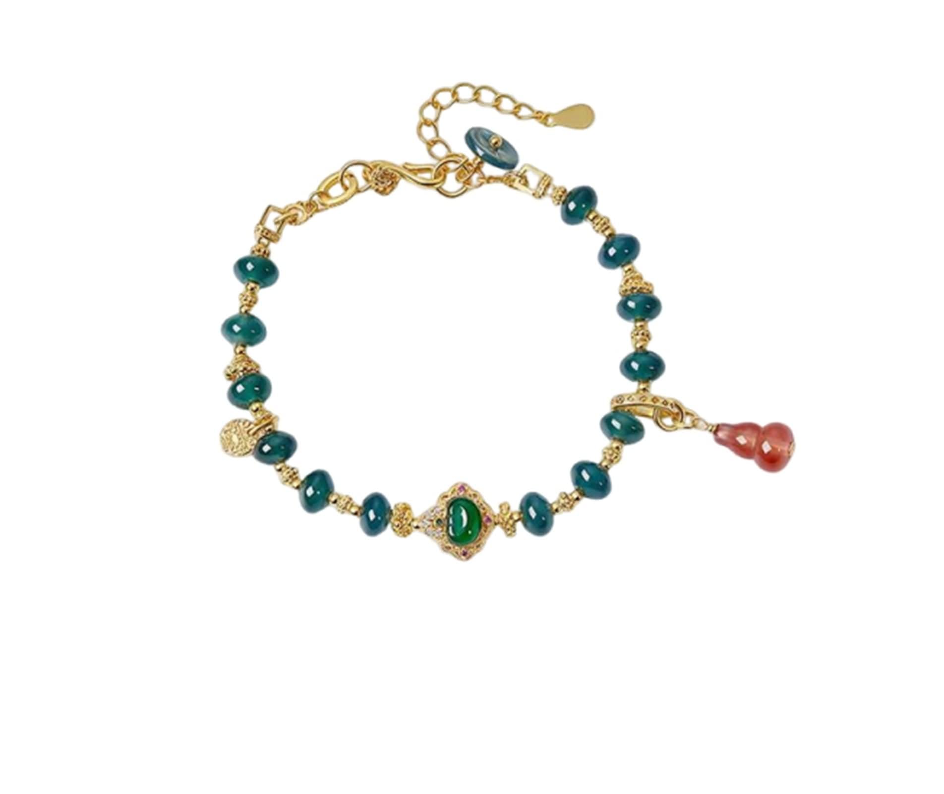 Pulsera de cadena para mujer, pulsera de cuentas vintage de oro amarillo de 9 quilates, 14 quilates y 18 quilates con colgante de calabaza de jade y ágata de 6 a 7 mm