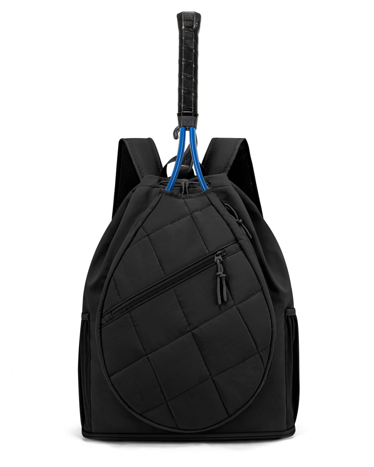 GreenTaya Drawstring Tennis Backpack, Puffer Tennis Racket Bag with Shoe Compartment & Wet Pocket Gym Bag for Women, Suitable for Pickleball Tennis Badminton (Black)