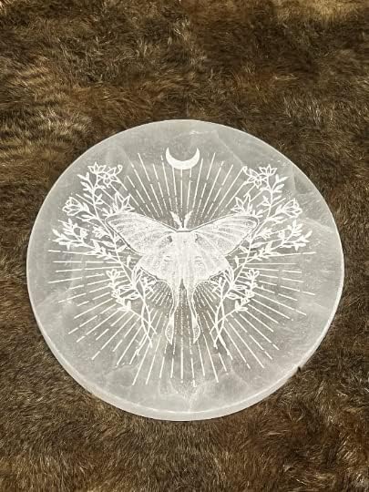 6" Etched Moth Selenite Charging Plate A1112