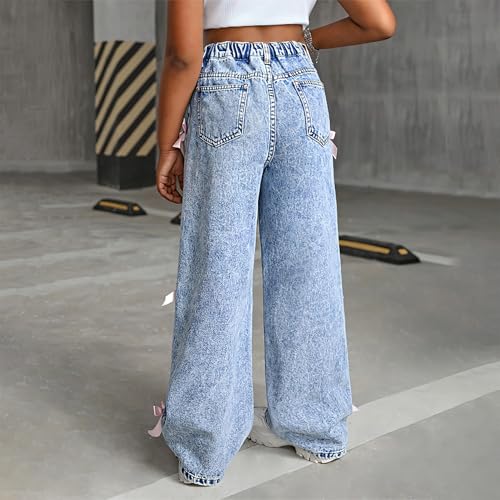 Girl's Bowknot Elastic Waist Denim Pants Straight Wide Leg Jeans with Pockets for 1-10 Years4