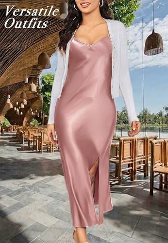 Image of ALCEA ROSEA Women's Long Satin Slip Dress Nightgowns Sexy Lingerie Adjustable Strap Midi Dress Silky Gown V Neck Under Dress