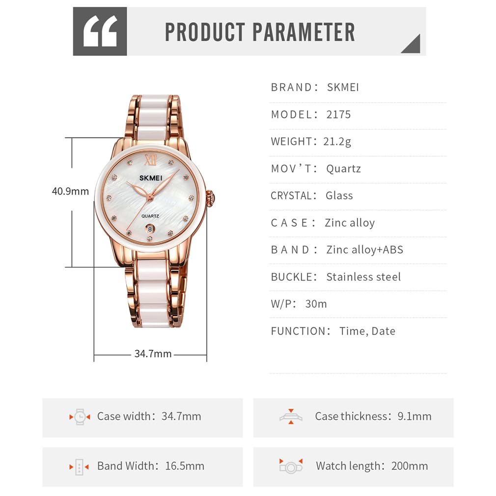 SKMEI Montres pour femmes mode robe luxe dames femme simple d'affaires étanche céramique inoxydable analogique quartz élégant or blanc montre-bracelet