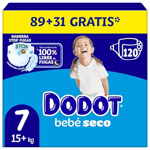 Dodot Pañales Bebé-Seco, Talla 7 (15+ kg), 120 Pañales, Una Noche Hasta Un 100% Libre De Fugas, Pack mensual