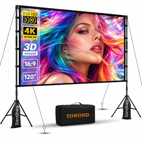 Image of Towond 120 inch Projector Screen with Stand, 4K HD 16:9 Foldable Anti-Crease Indoor Outdoor Movie Screen, Portable Projection Screen for Backyard Theater, Camping, and Sports Viewing Parties