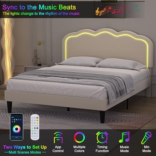 VECELO Upholstered Queen Size Bed Frame with Headboard Adjustable, LED Lights, USB-A & Type-C, Velvet Platform Bed Noise Free, Mattress Foundation with Wooden Slats, No Box Spring Needed, Beige