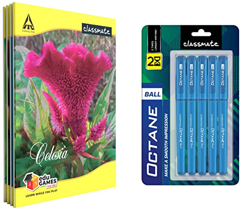 Image of Classmate Notebook - Single Line & Octane- Blue Ball Pens (Pack Of 5), 72 Pages