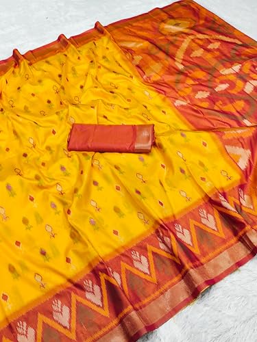 Image of Women's Pochampalli Silk Blend Saree with Unstitched Blouse Piece
