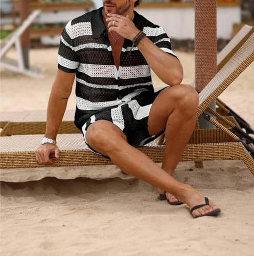 Men's Hollow Out Striped Design Crochet Knitted Two-Piece Set Summer Fashion Knitwear for Men3