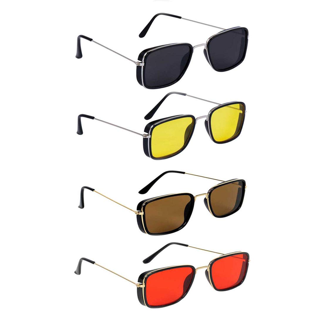 magjons Unisex Kabir Singh Squer Sunglasses (Red, Yellow, Black & Brown) Medium size - Pack of 4, Red Yellow Black Brown, Free size