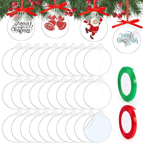 SUEOUX 30 piezas de adornos de Navidad de disco acrílico transparente en forma de bola 8,8 × 7,6 cm con 2 cintas planas para manualidades, disco acrílico en blanco para Navidad, para colgar