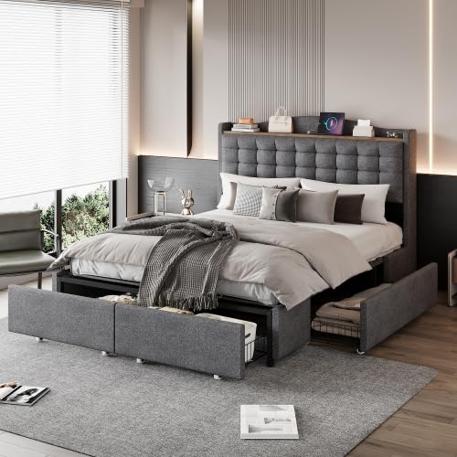 Łóżko tapicerowane ze stolikiem nocnym, USB-C i dużą ilością miejsca do przechowywania | łóżko podwójne 140 x 200 cm, łącznie z 4 szufladami i stelażem | nowoczesna rama łóżka w kolorze lnu