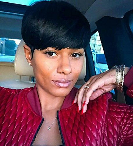 VCK Short straight Summer human hair wig pixie cut wig with bang 1B Color