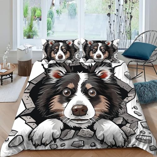 Parure de couette Border Collie microfibre 3 pièces pour lit double - 3