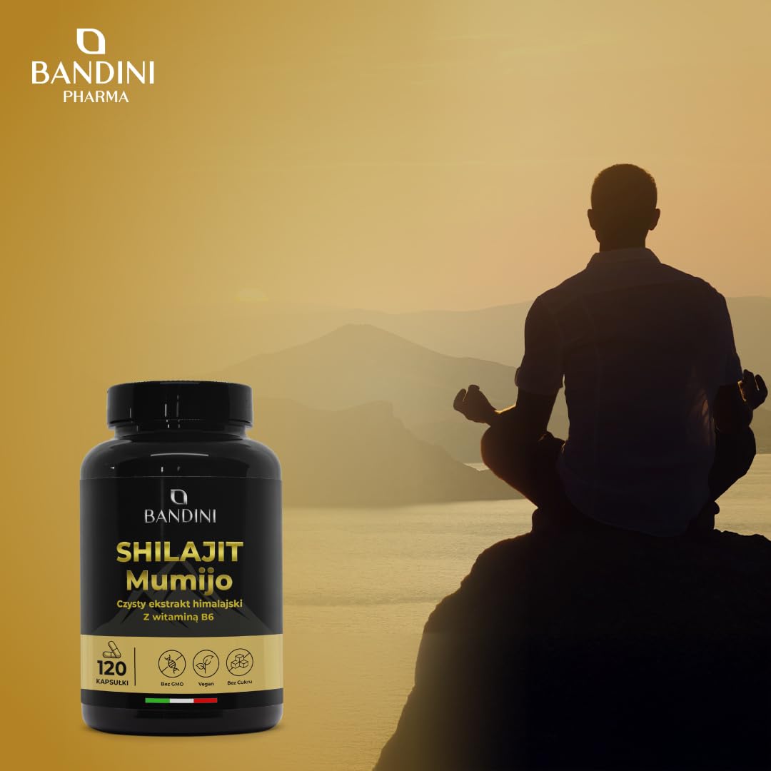 Bandini® Mumijo Shilajit 40.000mg 120 kapsułek, oryginalny z Himalajów, bogaty w 85 minerałów, z 80% kwasem fulwowym i witaminą B6, ponad 85 pierwiastków śladowych, wegański, 1000 mg na dzienną dawkę