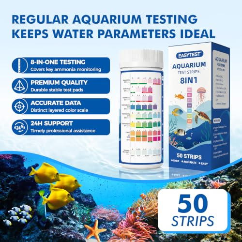 Image of EASYTEST 8-Way Aquarium Test Strips with Ammonia, 50PCS Fish Tank Test Kit