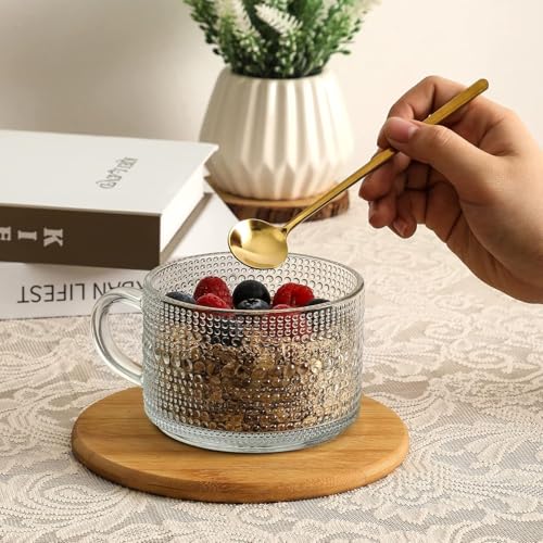 Image of KITOME 400ml Vintage Glass Mug Set (2) with Bamboo Lid & Spoon - Overnight Oats Jar, Iced Coffee Cup, Latte, Yogurt Container | Embossed Clear Glass