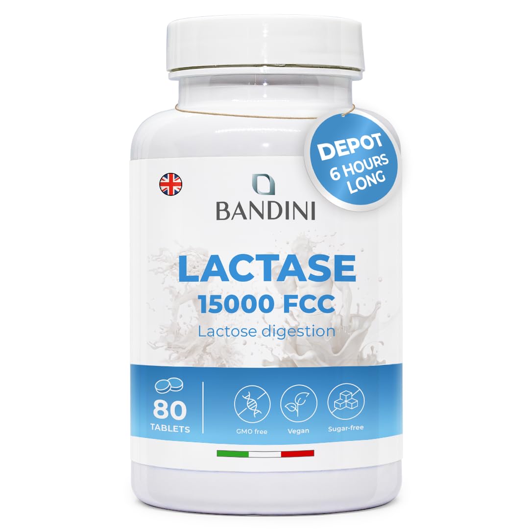 Bandini® Lactase Extra-Strength Dose 15,000 FCC - Helps with Lactose Intolerance - 80 Tablets - Supports The Lactose Digestion - Slow Release Digestive Enzymes Supplement - 100% Vegan - Chemical Free