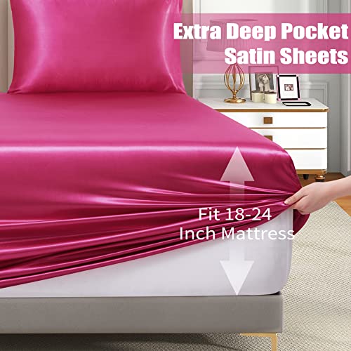 Vacvelt 3Pcs Extra Deep Pocket Satin Fitted Sheet Set Queen Bed Set, Hot Pink Bottom Sheet Fit 18-24 Inch Deep Pocket Mattress, Silky Bedding Set Soft & Ultra Deep Fitted Sheet & 2 Pillowcase #TOP4