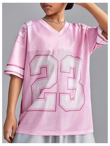 Image of WDIRARA Girl's Number Graphic Jersey Shirts Short Sleeve V Neck Tees Oversized T-Shirt Tops