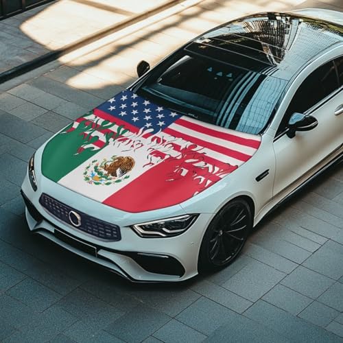 Image of Hood Cover Protector for Car, Stretchable Auto Hood Wrap Blankets, USA and Mexico Flag Design, Waterproof Automotive Accessories for SUV Sedans Trucks (59x39 inches)